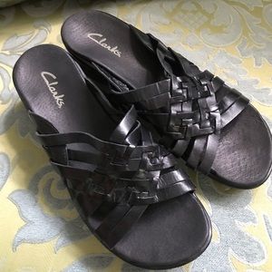 Clarks Black Leather Sandals Mules Braided Slides Boho Bohemian Slip Ons Size 9M